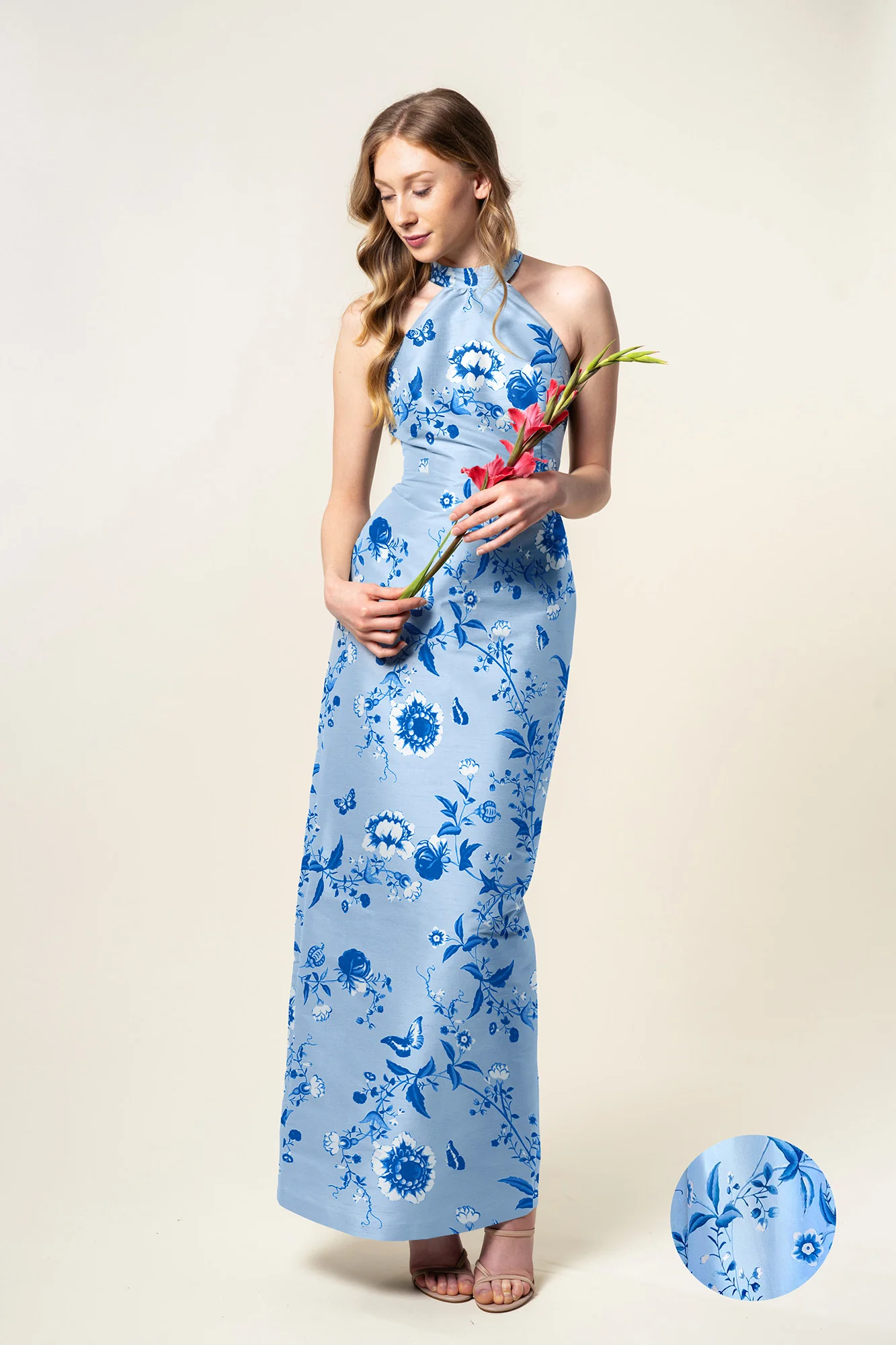 Abby Bodice with Straight Skirt Floor in Floral Vine Sateen