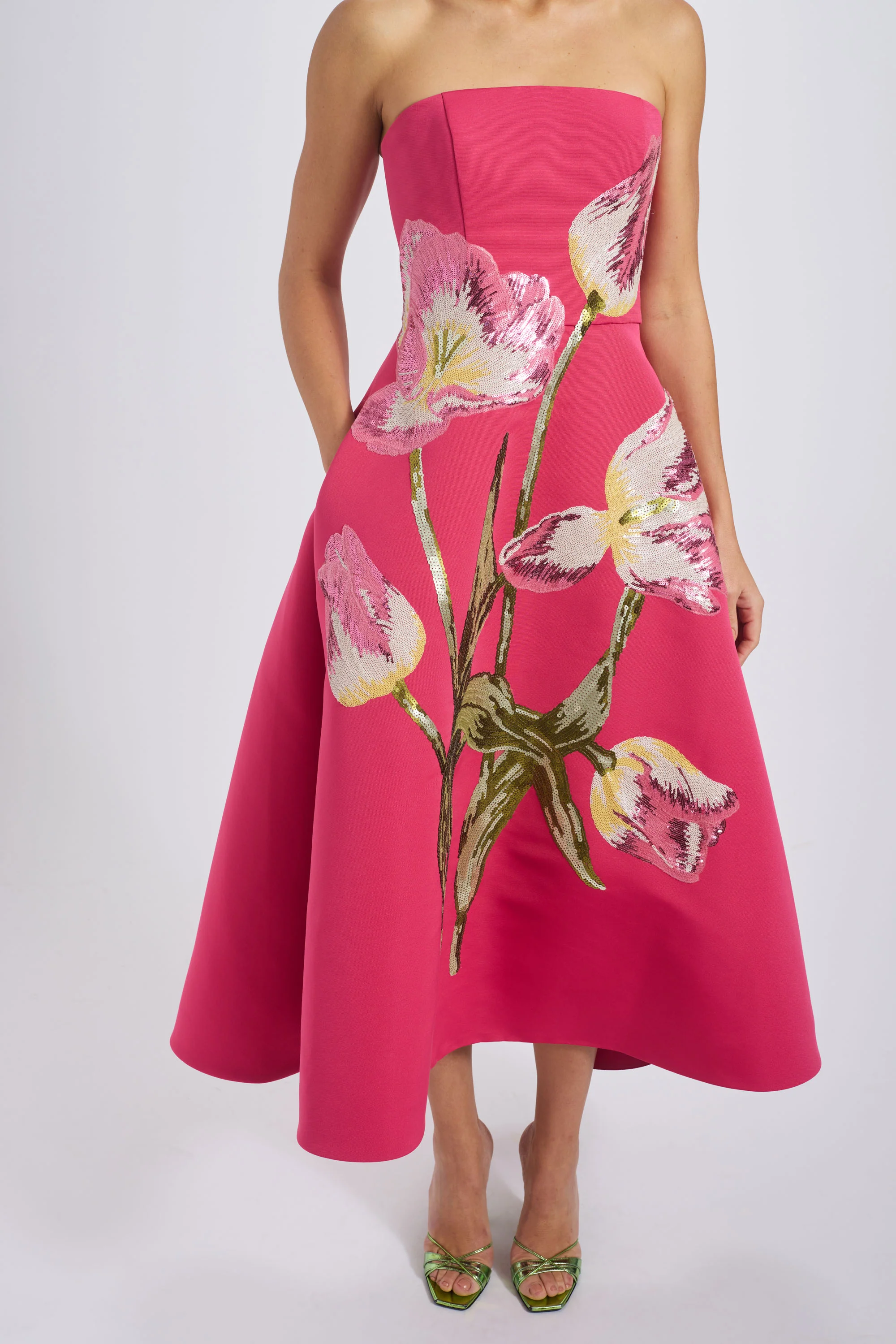 Amsale Evening Sequin Applique Midi Dress P820A in Cerise - Image 5